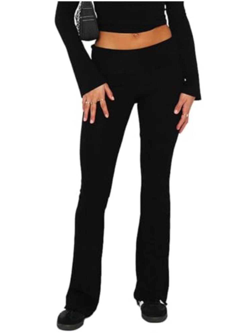 Women Fold Over Yoga Pants Low Waist Flare Leggings Bell Bottom